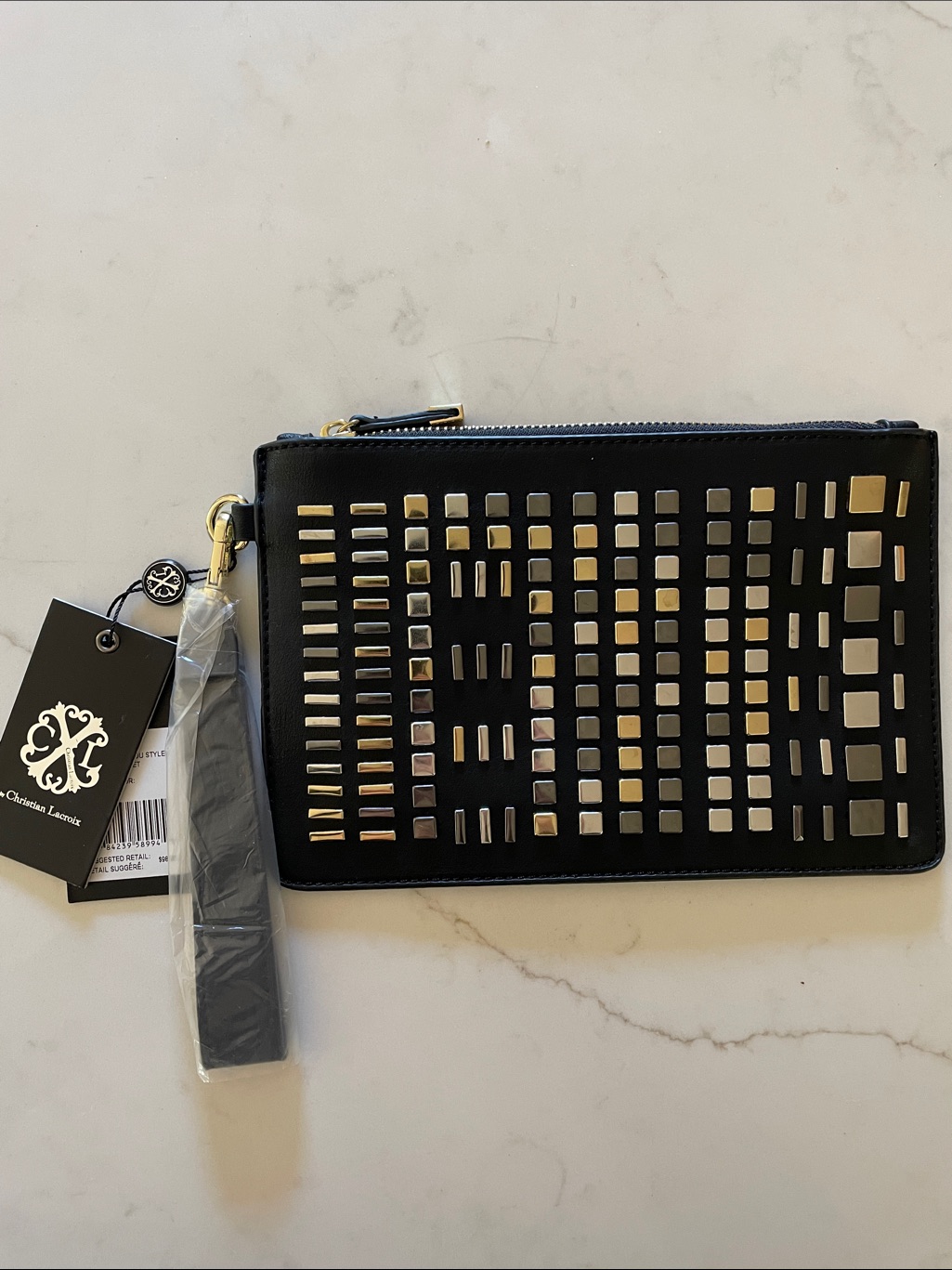 Christian Lacroix Mixed Metal Studded Black Wristlet/Clutch 9x6